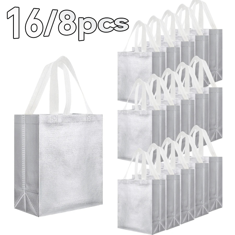 16/8PCs Reusable Gift Bags Giftbag Glossy Silver, with handle 10x4x8in Metallic Bling Design Holiday Gift Bag with Handles.