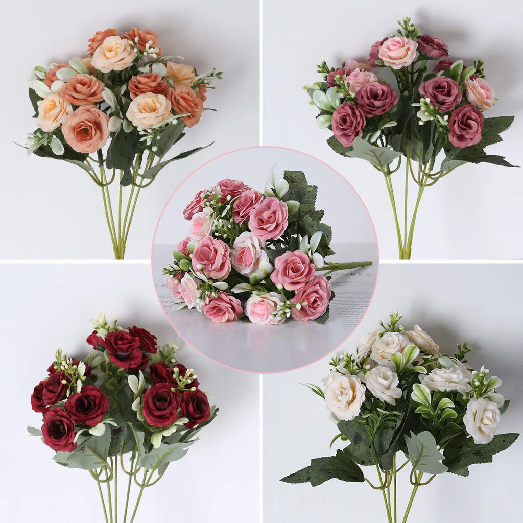 Artificial Rose Bouquet, 9 Heads Fake Silk Flowers, Wedding Party Home Decor, DIY Floral Arrangement, Faux Roses for Vase, Brida