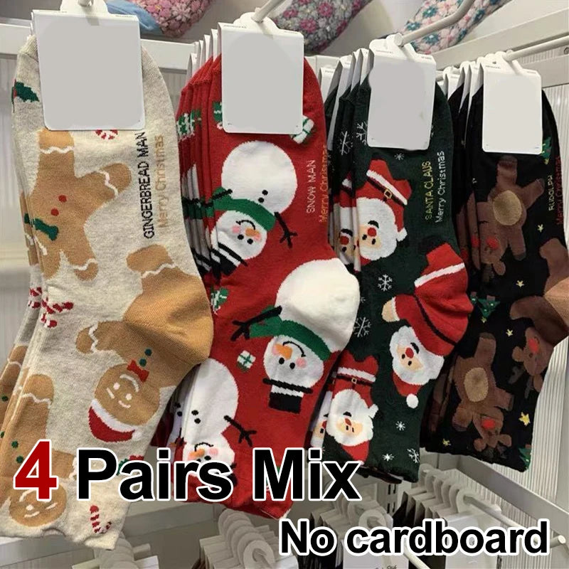4 Pairs Men Women Christmas Printed Socks Cartoon Snowman Gingerbread Man Reindeer Santa Claus Suitable All Seasons Casual Socks