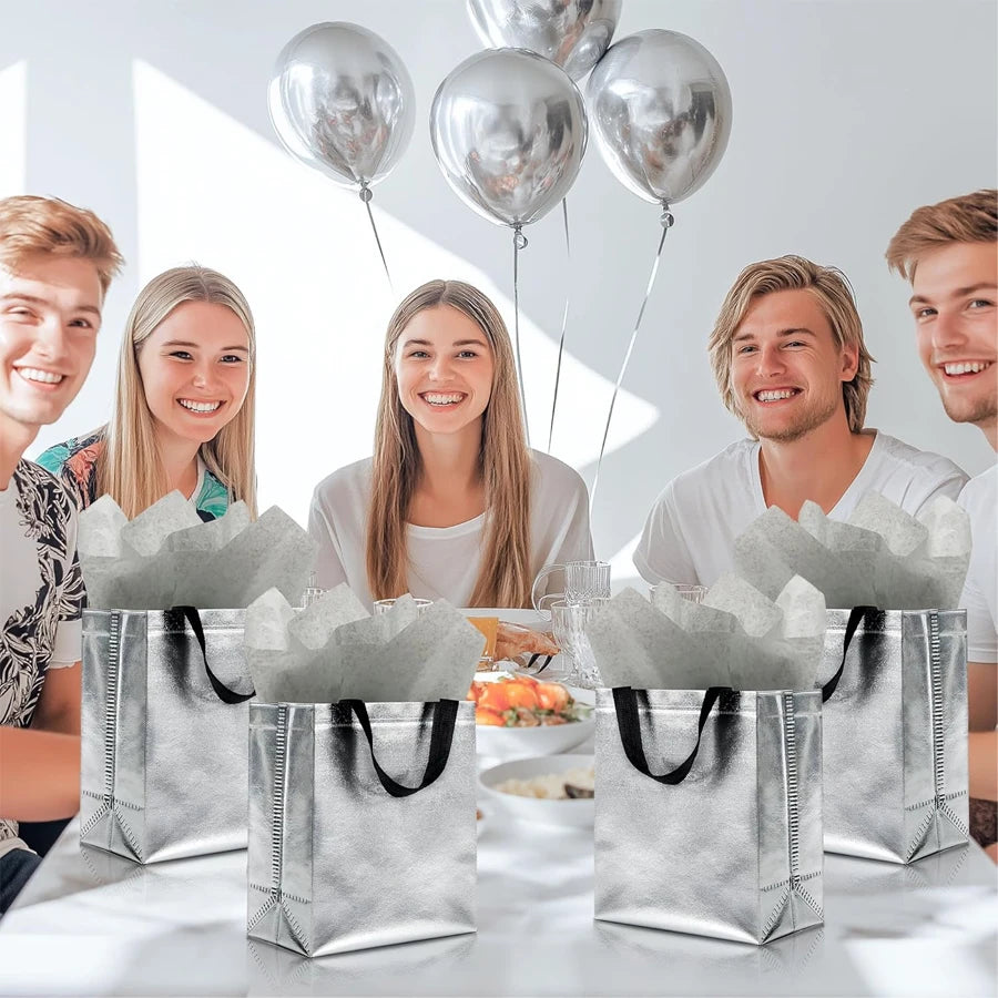 16/8PCs Reusable Gift Bags Giftbag Glossy Silver, with handle 10x4x8in Metallic Bling Design Holiday Gift Bag with Handles.