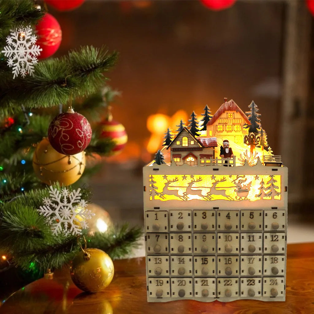 Advent Calendars Christmas Wooden Advent Calendar LED Lighted Village House Countdown Ornament with Drawers Box Decor Gift