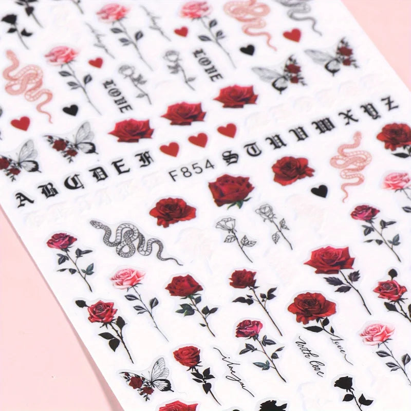 One Set2Valentine's Day nail decoration stickers，Featuring bright red roses and romantic love words，Incorporates elements of but