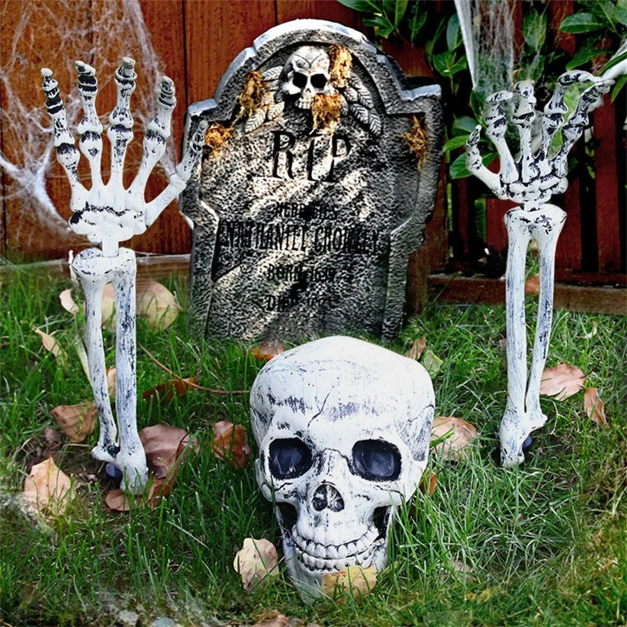 Halloween Decor Skeleton Head Outdoor Scary Props Realistic Skull Hands Yard Prank Festivals Party Supplies Garden Decorations