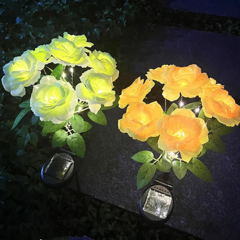 7-Head Solar-Powered LED Rose Lights Flower Garden Decor Outdoor Pathways Landscaping Light Lawn Decorative Atmosphere Lights
