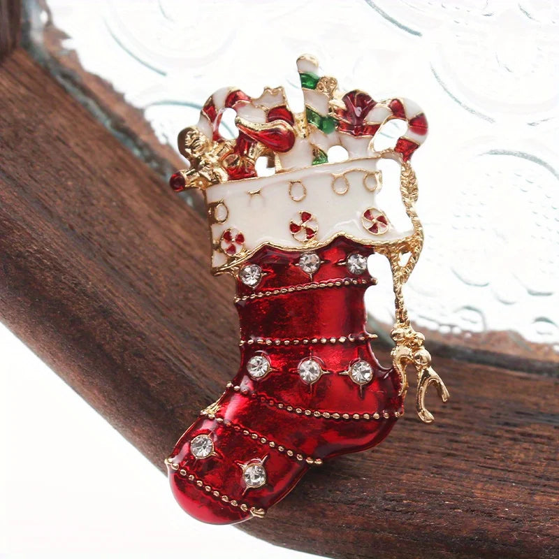 Fashion Cartoon Creative Rhinestone Dripping Oil Christmas Christmas Stocking Brooch Filled with Gifts