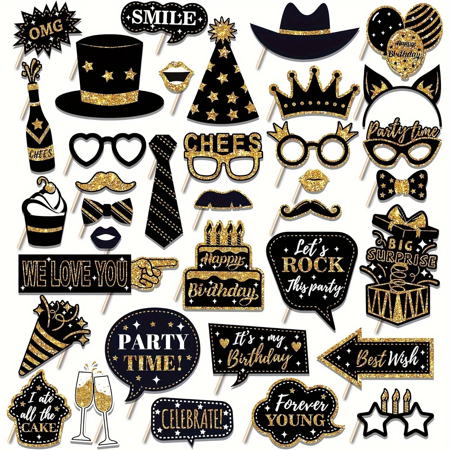 36pcs of Birthday Photo Booth Props Happy Birthday Props, Birthday Party Photo Decoration Props Set, Decoration Party