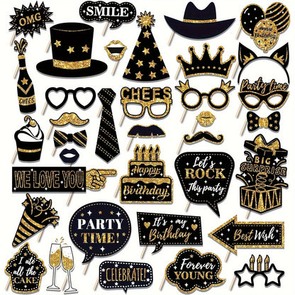 36pcs of Birthday Photo Booth Props Happy Birthday Props, Birthday Party Photo Decoration Props Set, Decoration Party