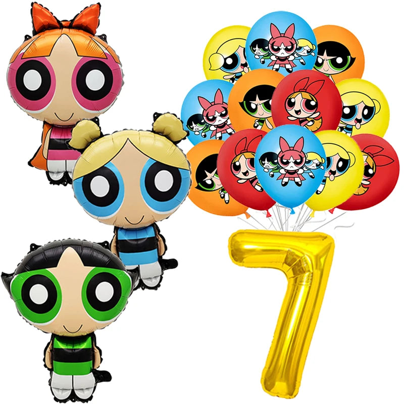 Cartoon Powerpuff Girls 1-9th Birthday Party Balloon Decoration Kit Number Foil Balloon Cake Topper Baby Shower Favors Globos