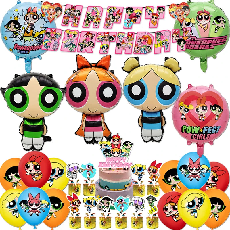 Cartoon Powerpuff Girls 1-9th Birthday Party Balloon Decoration Kit Number Foil Balloon Cake Topper Baby Shower Favors Globos