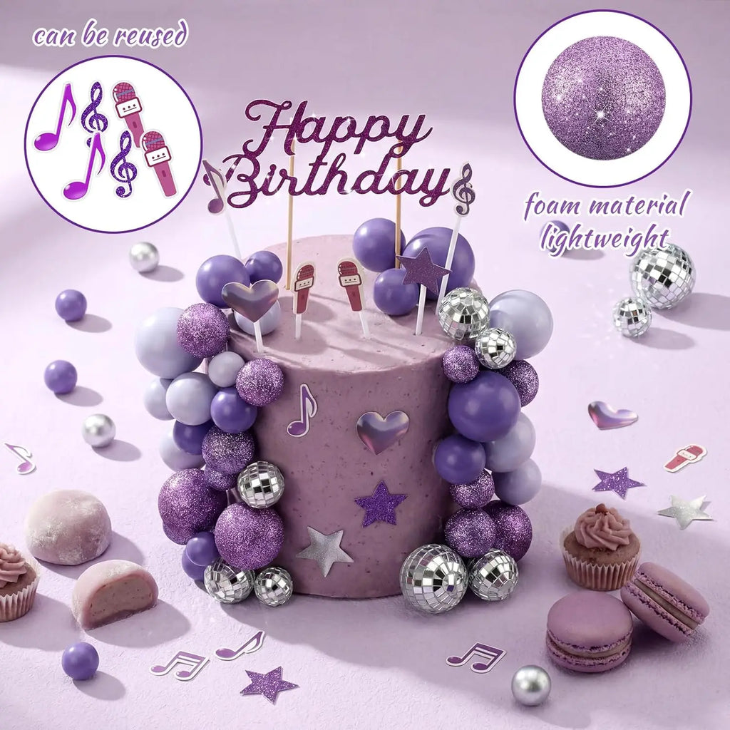 Complete K-Pop Party Cake Topper: Purple Disco Balls, Mic, Hearts & “Happy Birthday” – Music Theme Decor