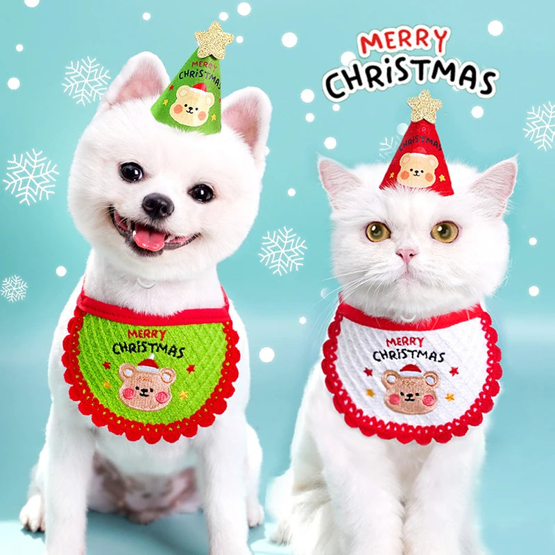 Christmas Pet Bibs Hats Bear Embroidered Felt Xmas Dog Costume Set Christmas Tree Hat for Cats Dogs Christmas Party Pets Supplie