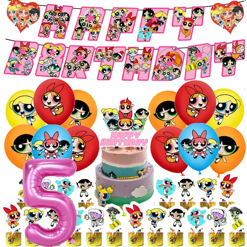 Cartoon Powerpuff Girls 1-9th Birthday Party Balloon Decoration Kit Number Foil Balloon Cake Topper Baby Shower Favors Globos