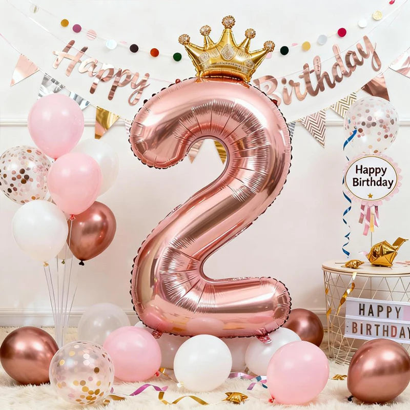 32Inch Rose Gold Crown Number Foil Balloons - Princess Birthday Party Decorations for Wedding Xmas Anniversary Celebration (