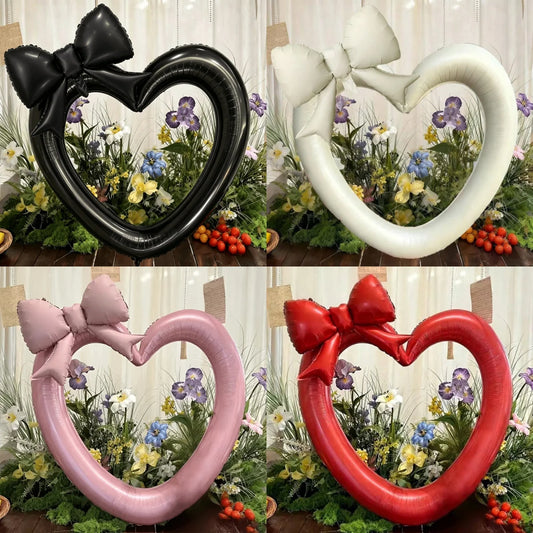 40Inch Heart Foil Balloon with Bow Pink Red Cream Black Birthday Wedding Valentine Mother's Day Decor
