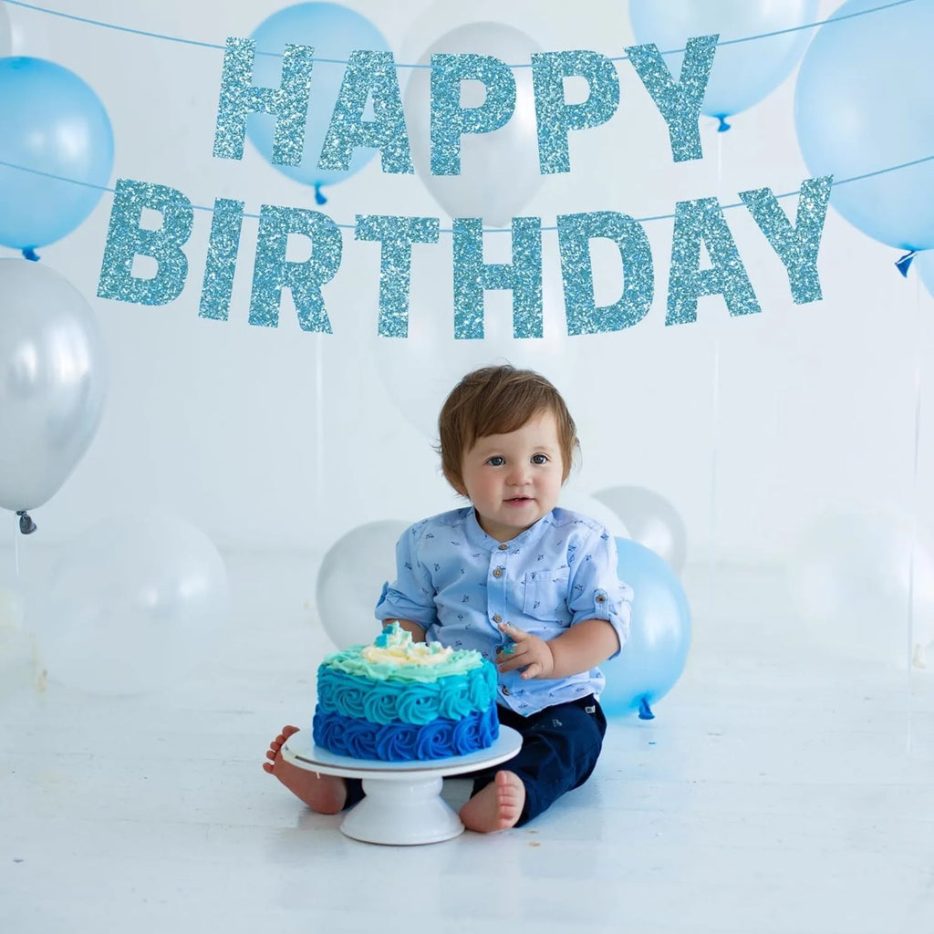 Happy Birthday Banner Glitter Blue Happy Birthday Banner for Birthday Decoration, Party Supplies