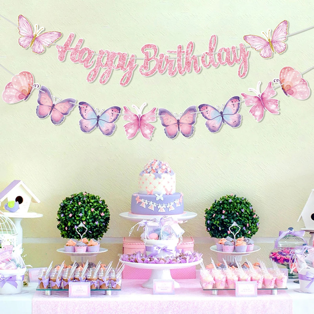 Pink Happy Birthday Banner With Butterfly Dancing Hanging Pendant Garlands  Princess 1st Happy Birthday Party Decorations