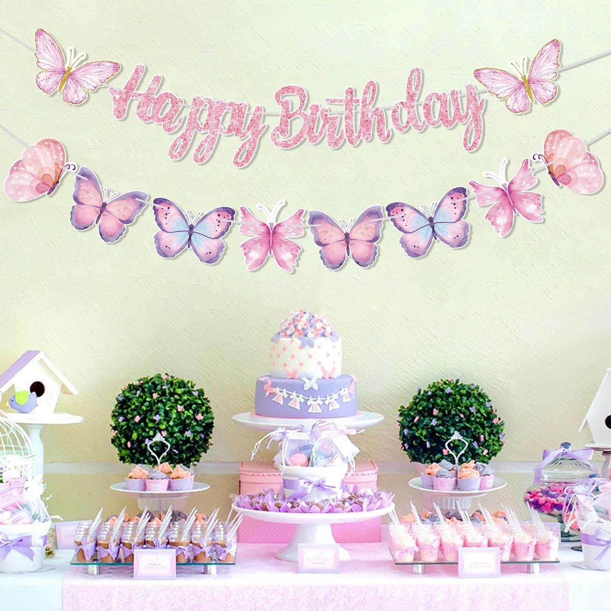 Pink Happy Birthday Banner With Butterfly Dancing Hanging Pendant Garlands  Princess 1st Happy Birthday Party Decorations
