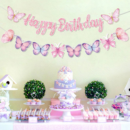 Pink Happy Birthday Banner With Butterflies