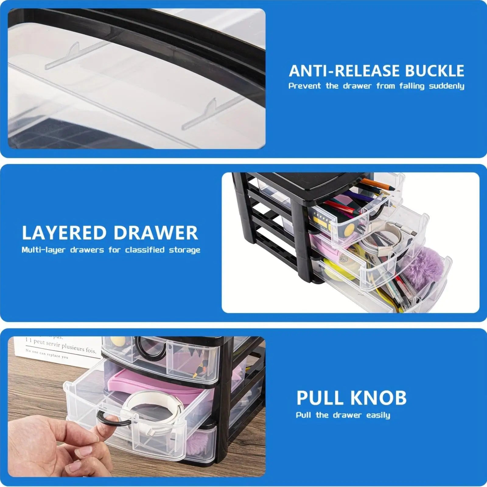 1/2Pack 3-Drawer Cosmetic Organizer Box with Transparent Drawers - Durable Plastic Cosmetic Storage Box  for Cosmetics, Bathroom