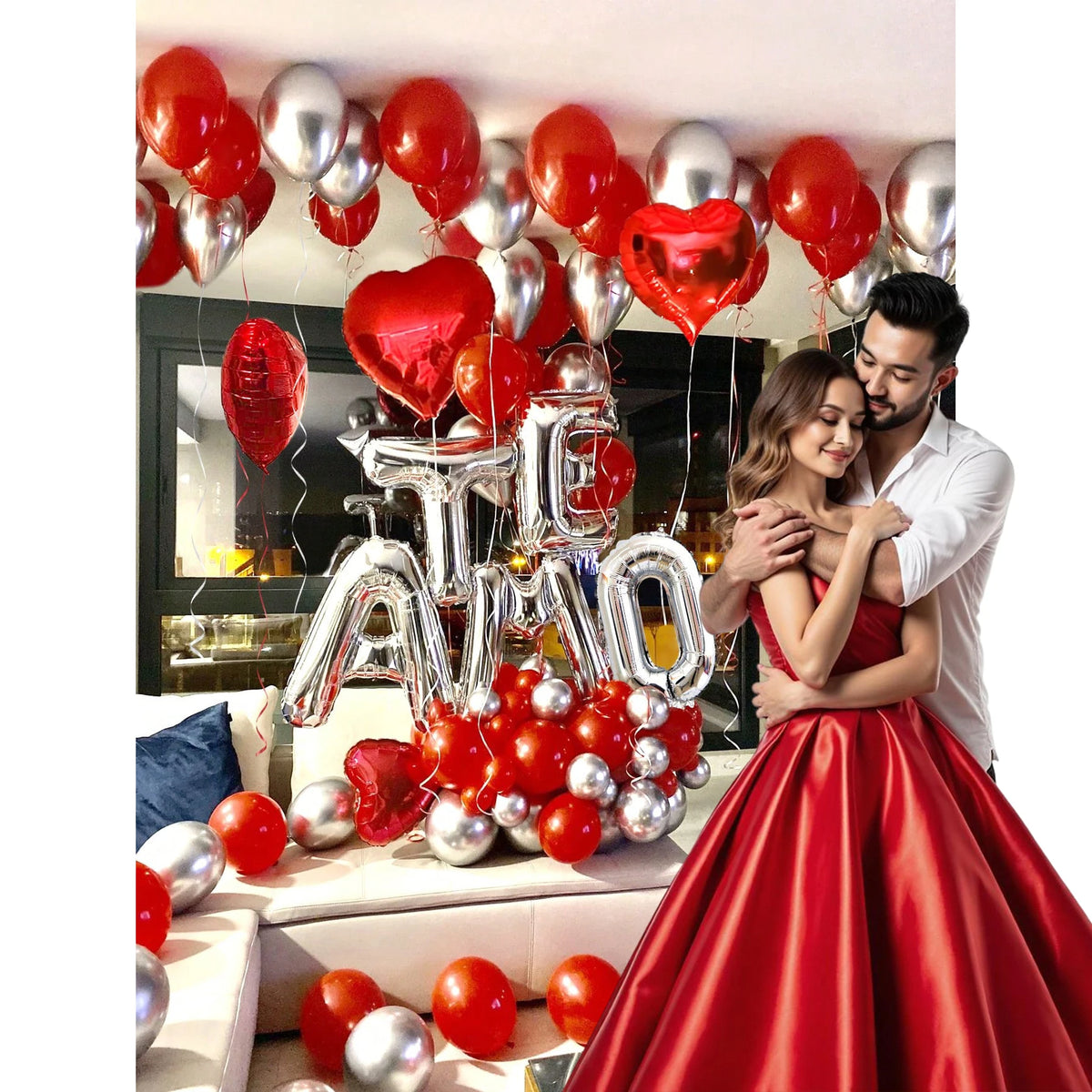 29pcs Balloons & 200pcs Petals Silver TE AMO Letter Set, I Love You Balloons, Metallic Silver & Red Heart for Valentine's Day,