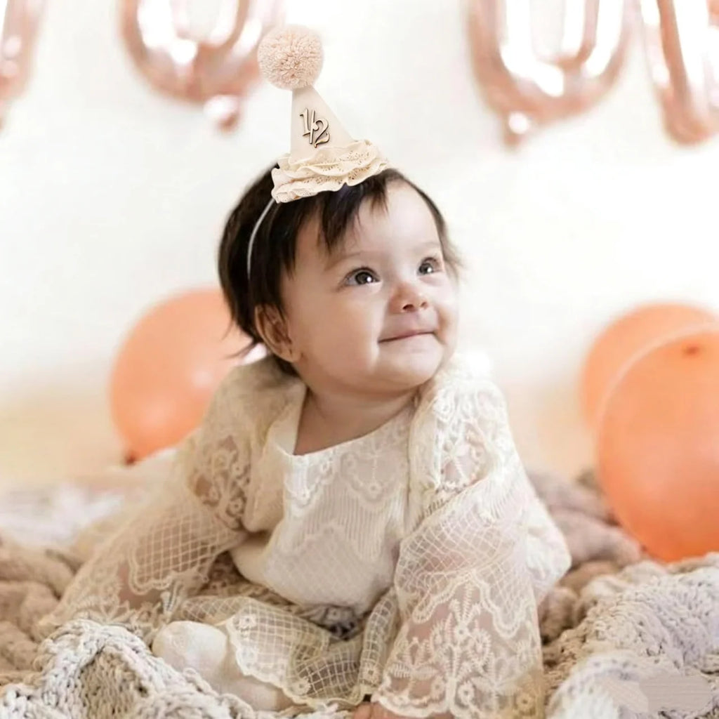 1 Birthday Hat – Neutral One Half Party Crown for Boys & Girls with Handcrafted Pom & Lace Ruffle Party Supplies