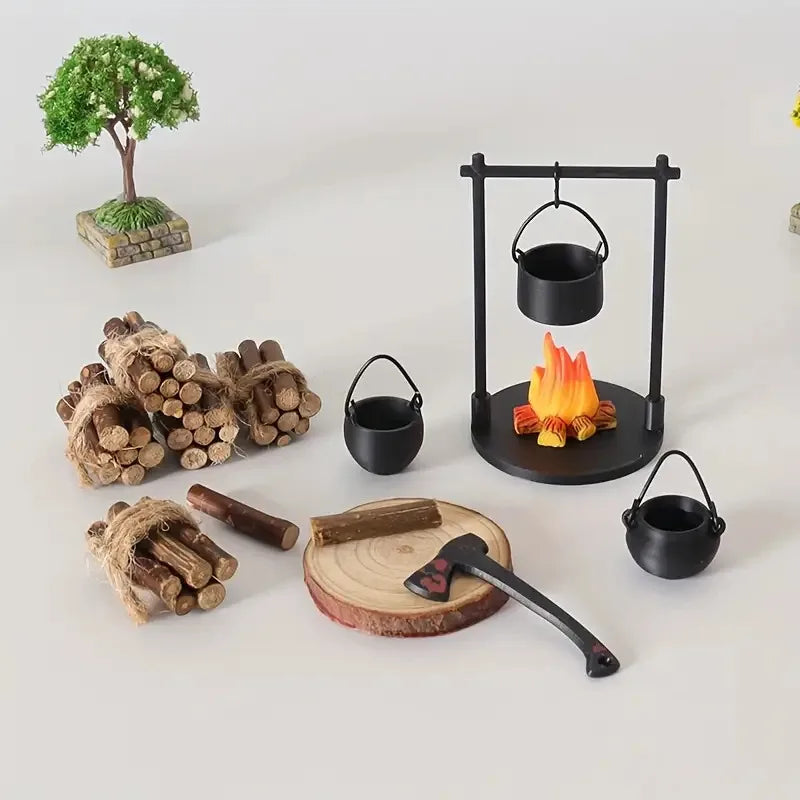 Mini Campfire and Teapot Miniature Statue Ornament Home Kitchen DIY Craft Accessories Desktop Photo Props Decor Christmas Gifts