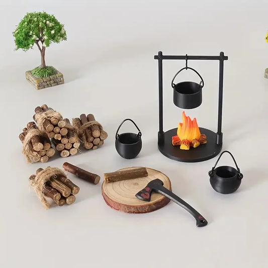 Mini Campfire and Teapot Miniature Statue Ornament
