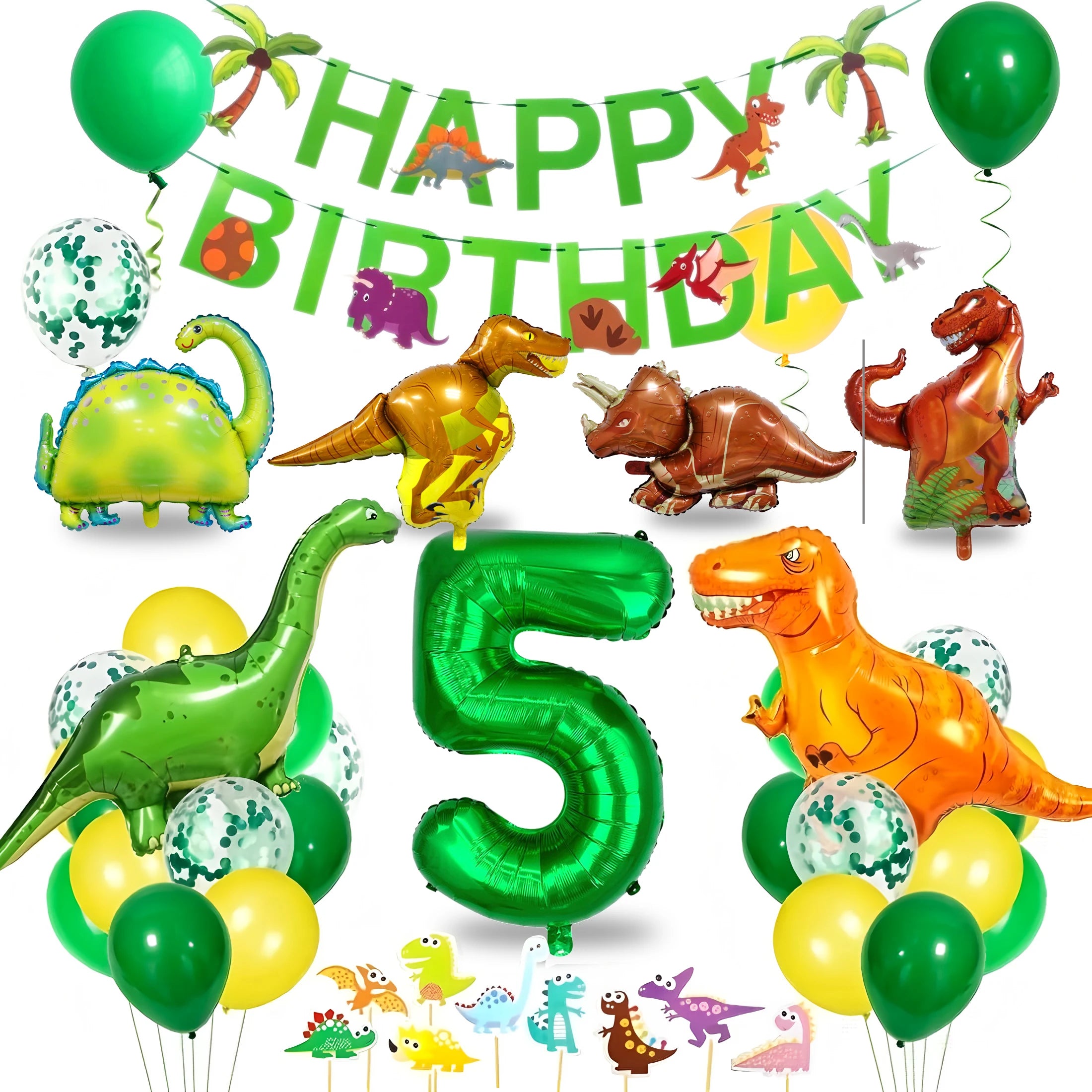 Dinosaur Birthday Party Supplies for Kids Age 2-6, Foil Balloons Set with Banner, Cake Topper, Decorations Kit (Boys & Girls)