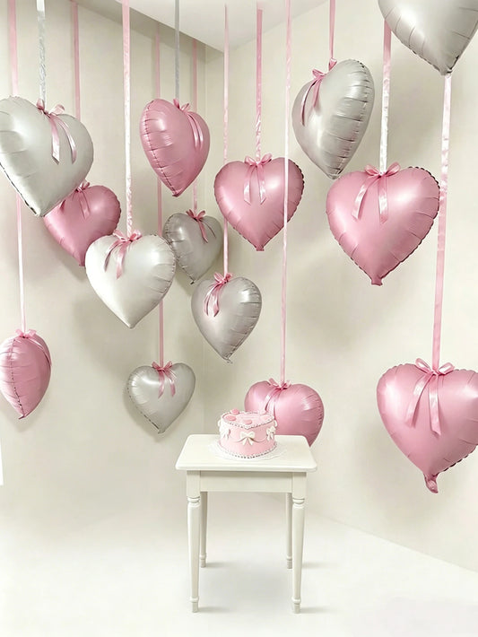 This 11-piece heart-shaped foil balloon set includes 18-inch pink and white heart-shaped balloons. Suitable for wedding parties