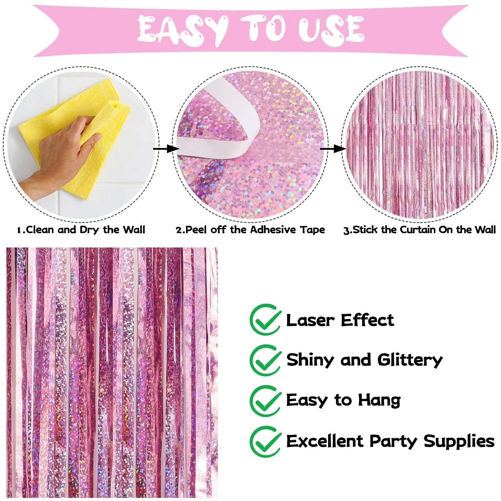 2Pcs Party Backdrop Curtains Metallic Foil Tinsel Curtain Glitter Foil Fringe Curtain Birthday Wedding Party Decoration Supplies