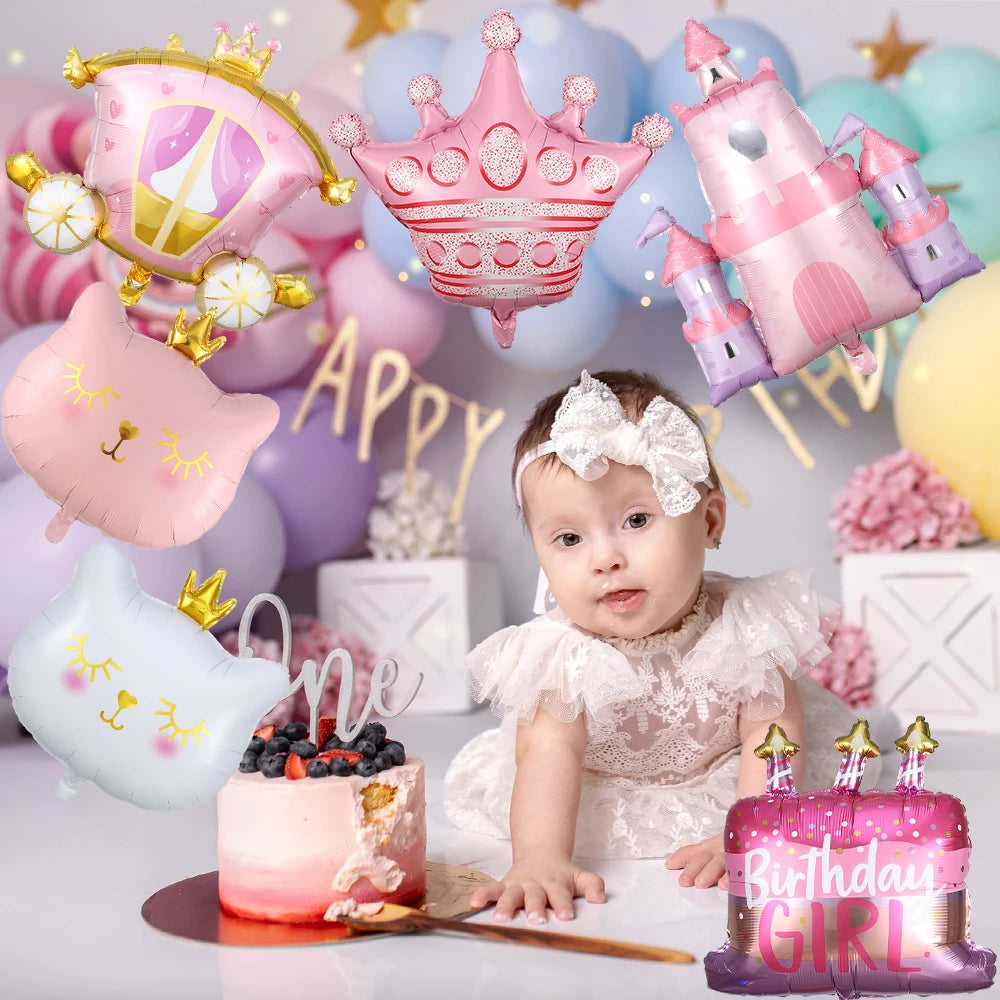 Princess Birthday Party Decor Pink Castle Carriage Crown Cat Birthday Cake Foil Balloon Girl Birthday Baby Shower Party Supplies