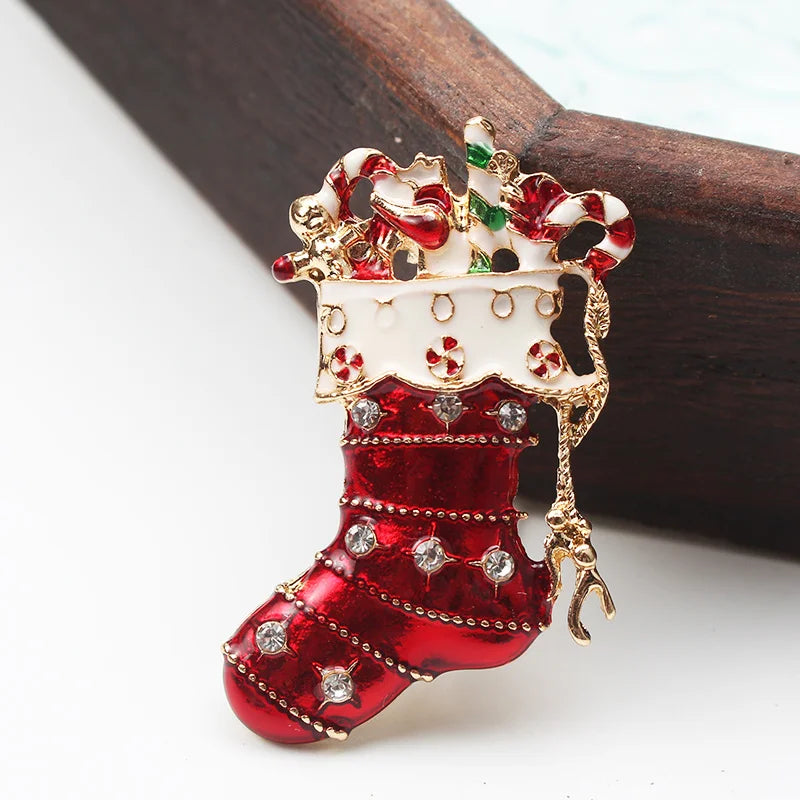 Fashion Cartoon Creative Rhinestone Dripping Oil Christmas Christmas Stocking Brooch Filled with Gifts