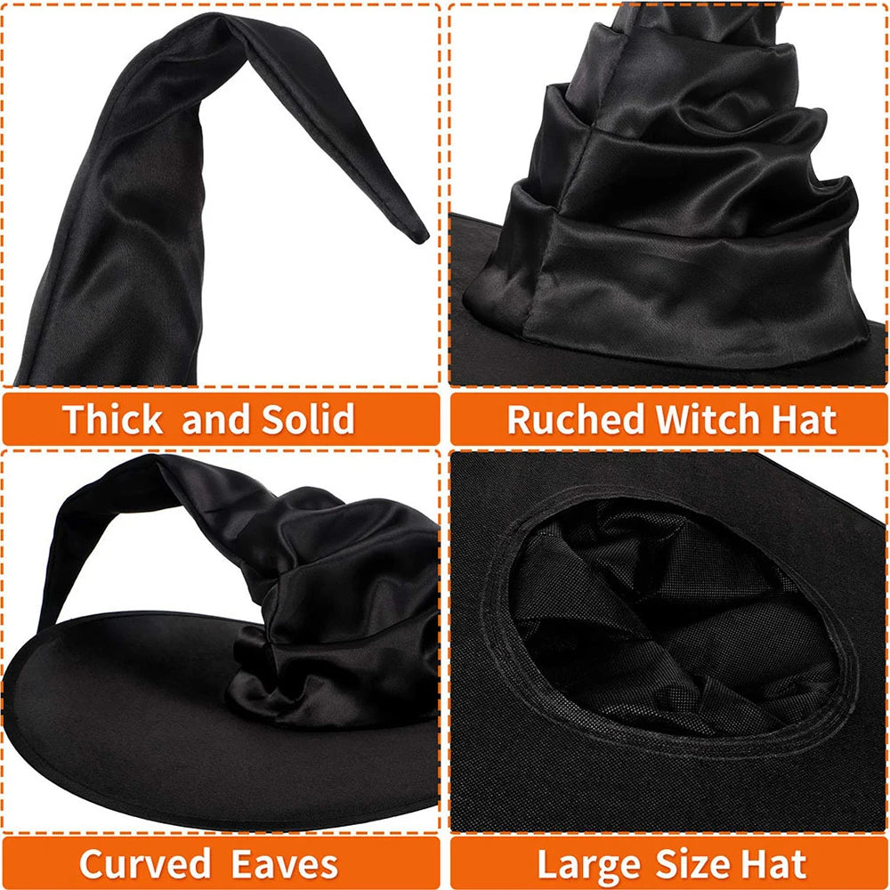 Halloween Witch Hat Black Folds Wizard Hats for Women Men Masquerade Party Carnival Costume Cosplay Props Halloween Decorations