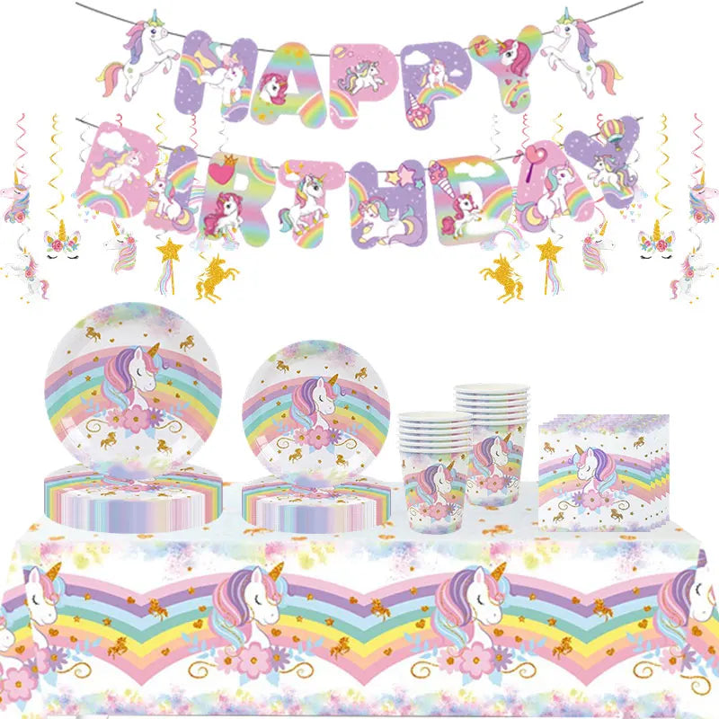 Unicorn Girls Birthday Decoration Party Supplies Unicorn Theme Tableware Set Cup Plate Balloon Banner Gift  for Kids Party Favor