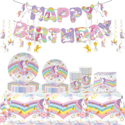 Unicorn Girls Birthday Decoration Party Supplies Unicorn Theme Tableware Set Cup Plate Balloon Banner Gift  for Kids Party Favor