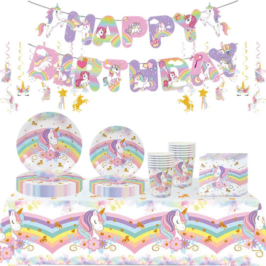 Unicorn Girls Birthday Decoration Party Supplies Unicorn Theme Tableware Set Cup Plate Balloon Banner Gift  for Kids Party Favor