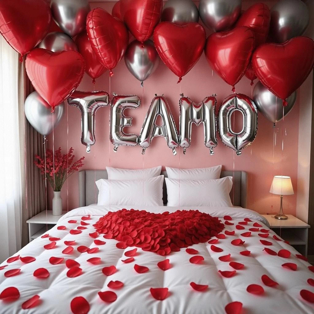 29pcs Balloons & 200pcs Petals Silver TE AMO Letter Set, I Love You Balloons, Metallic Silver & Red Heart for Valentine's Day,
