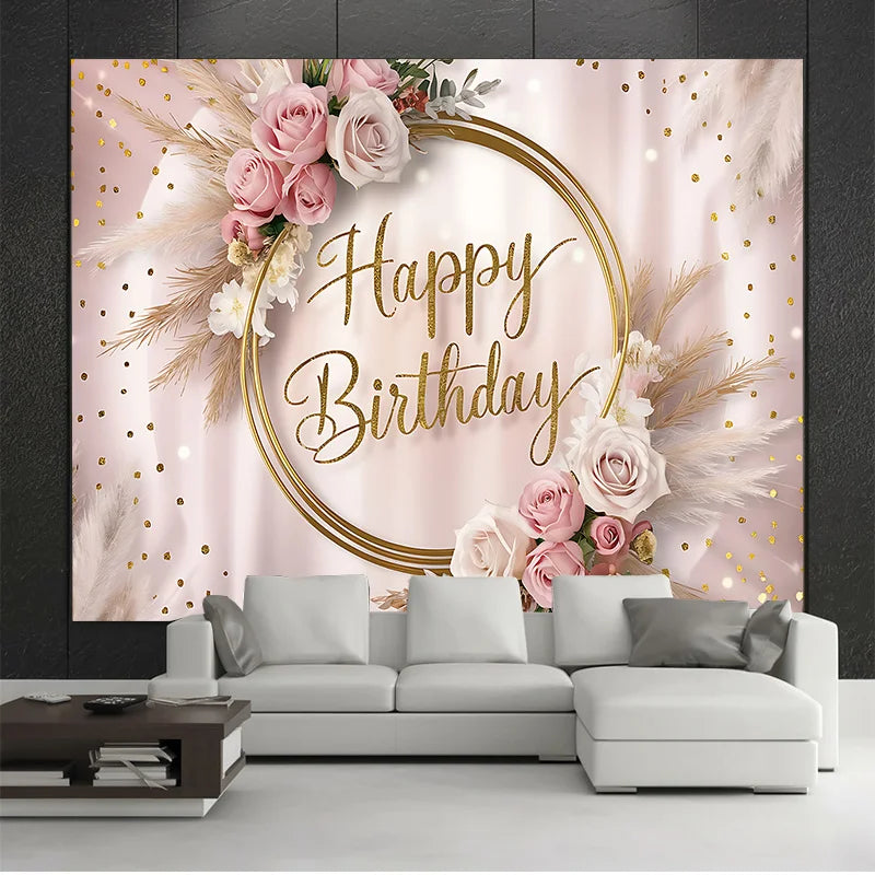 Happy Birthday Party Banner | Multi colored background with floral and gold glitter accents | Elegant Pink