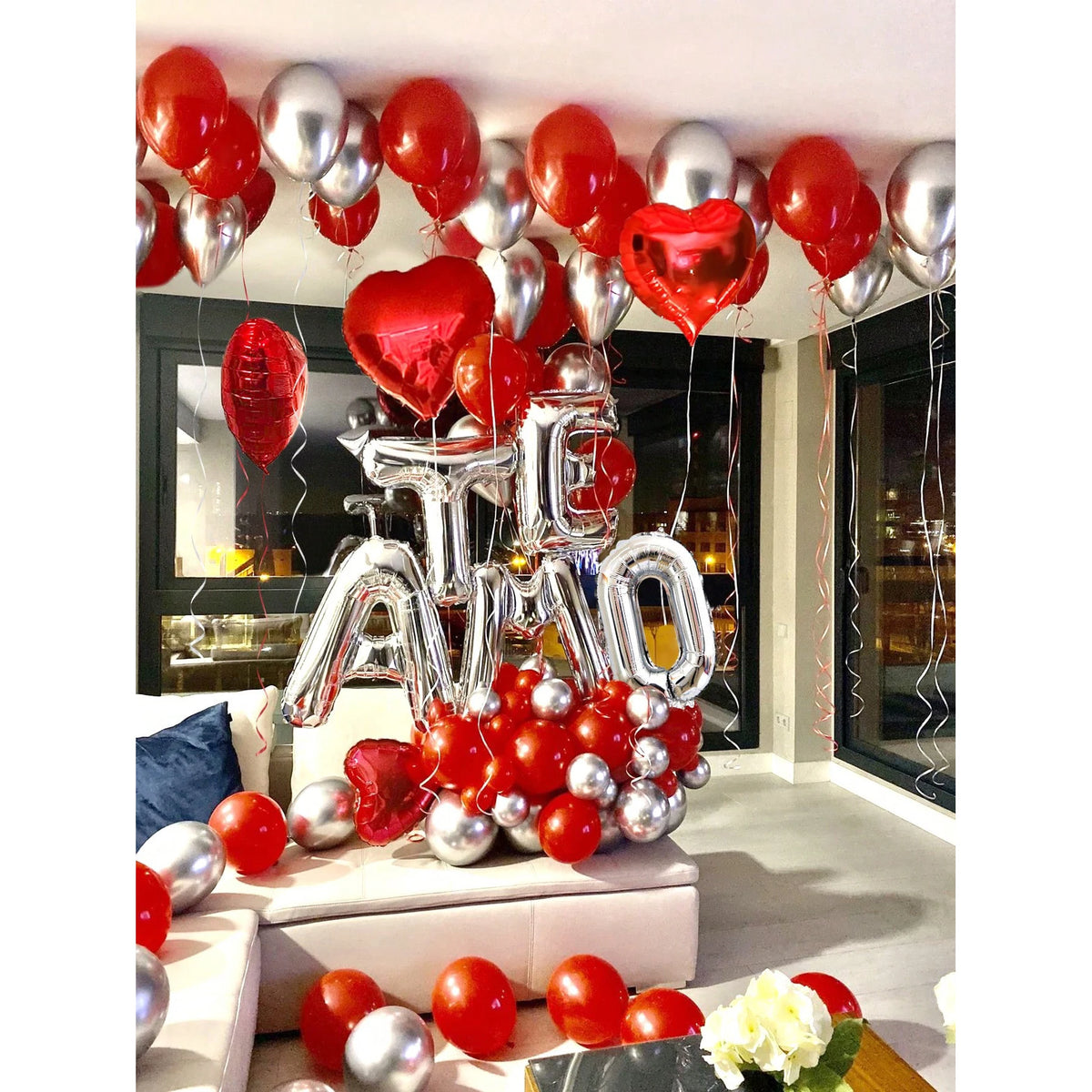 29pcs Balloons & 200pcs Petals Silver TE AMO Letter Set, I Love You Balloons, Metallic Silver & Red Heart for Valentine's Day,