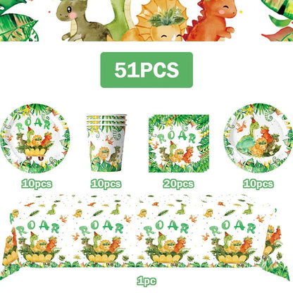 Dinosaur Birthday Decoration Party Supplies Set Cup Plate Tablecloth Dinosaur Balloons Happy Banner Cake Topper for Kids Favors
