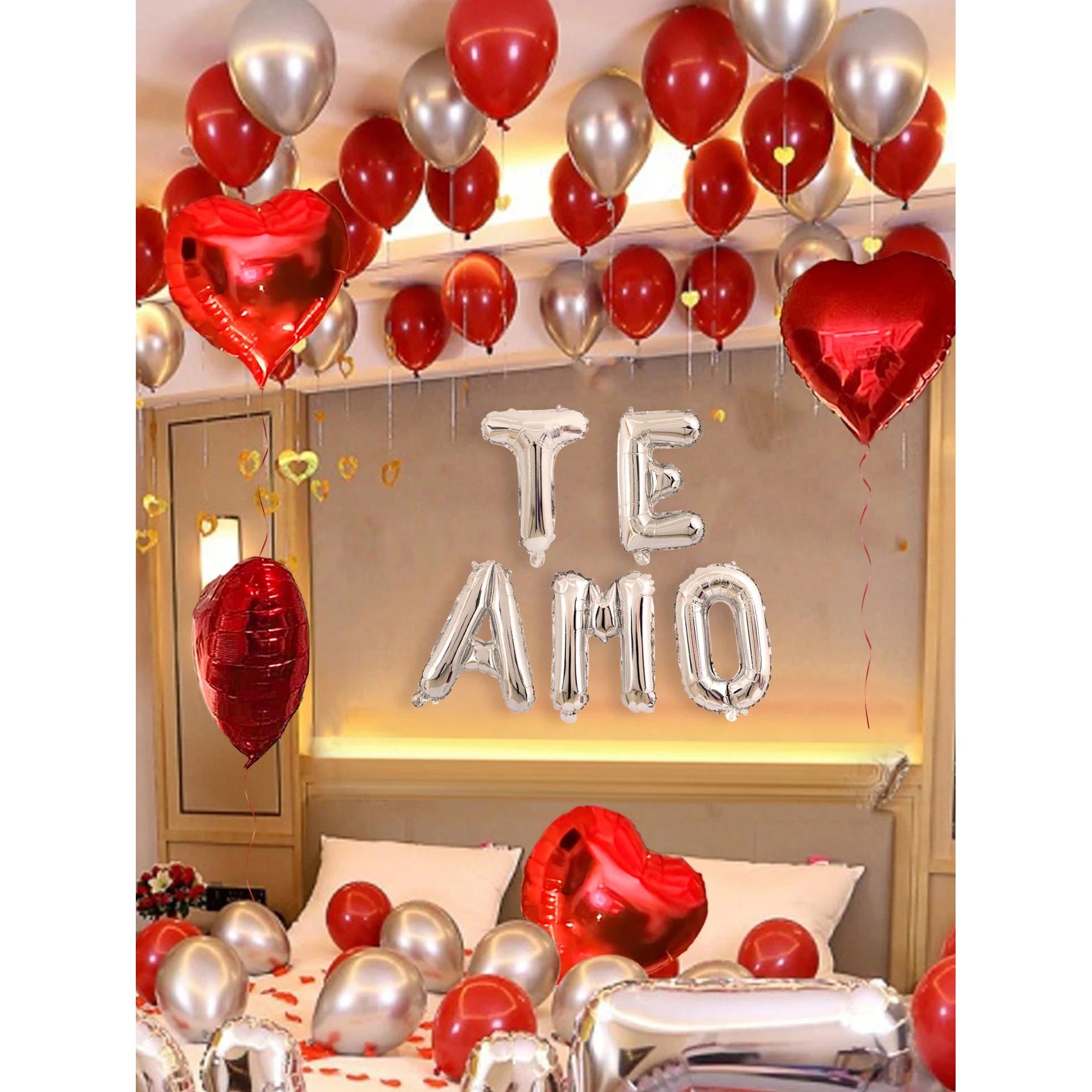 29pcs Balloons & 200pcs Petals Silver TE AMO Letter Set, I Love You Balloons, Metallic Silver & Red Heart for Valentine's Day,