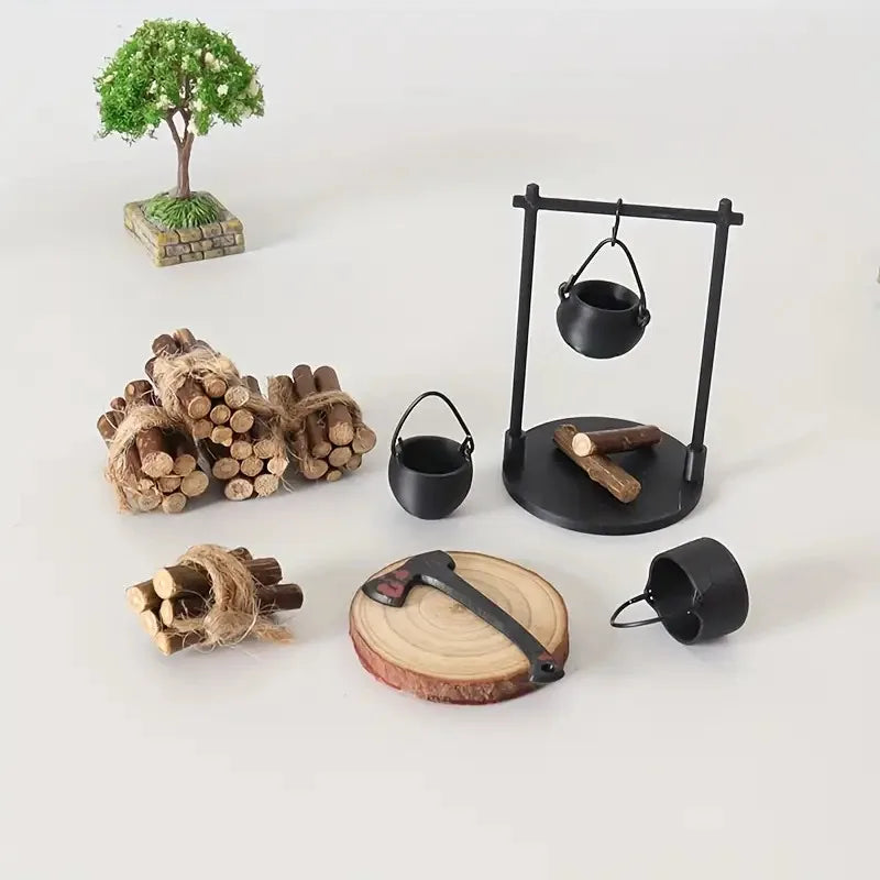 Mini Campfire and Teapot Miniature Statue Ornament Home Kitchen DIY Craft Accessories Desktop Photo Props Decor Christmas Gifts