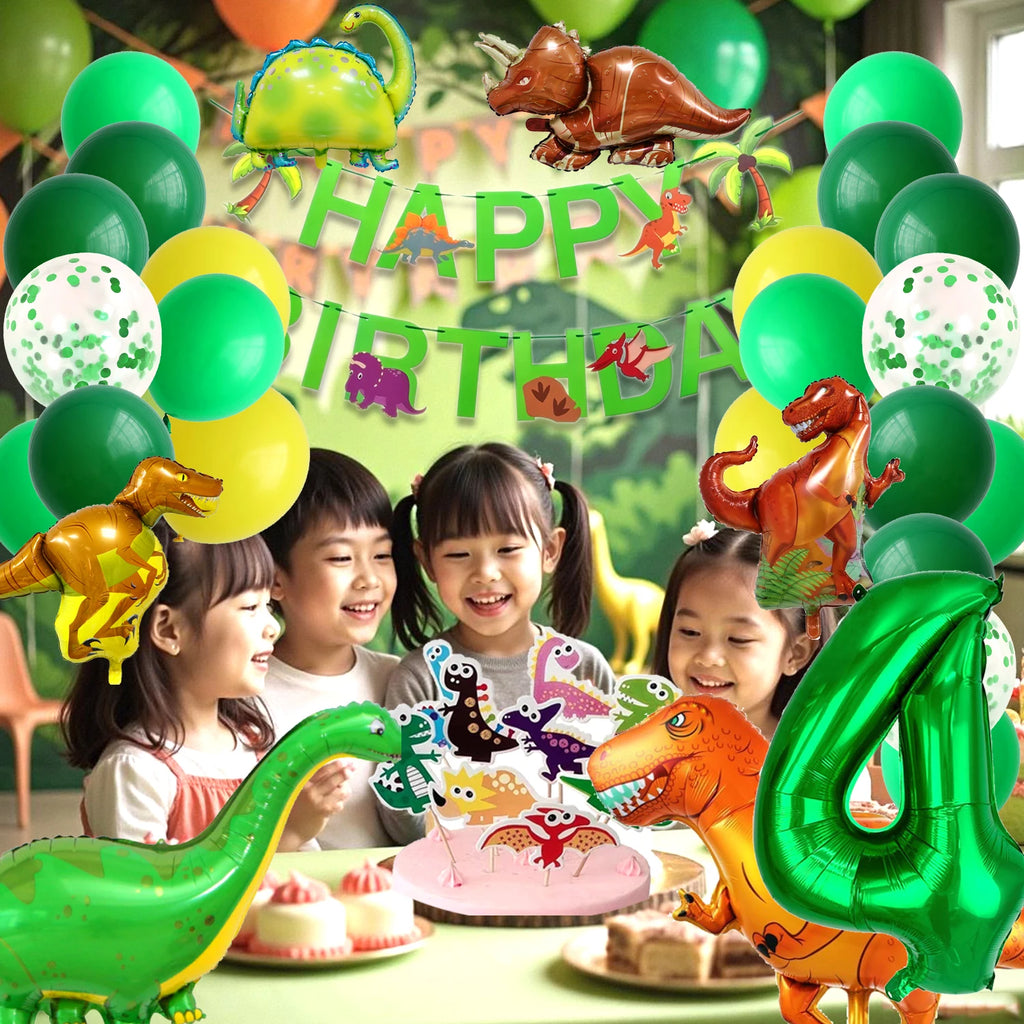 Dinosaur Birthday Party Supplies for Kids Age 2-6, Foil Balloons Set with Banner, Cake Topper, Decorations Kit (Boys & Girls)