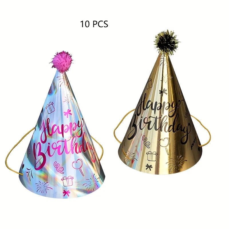 10pcs Birthday Party Hats Rose Red Gold Hairball Hats Festival Party Supplies Happy Birthday Headwear Cartoon Printed Paper Hat