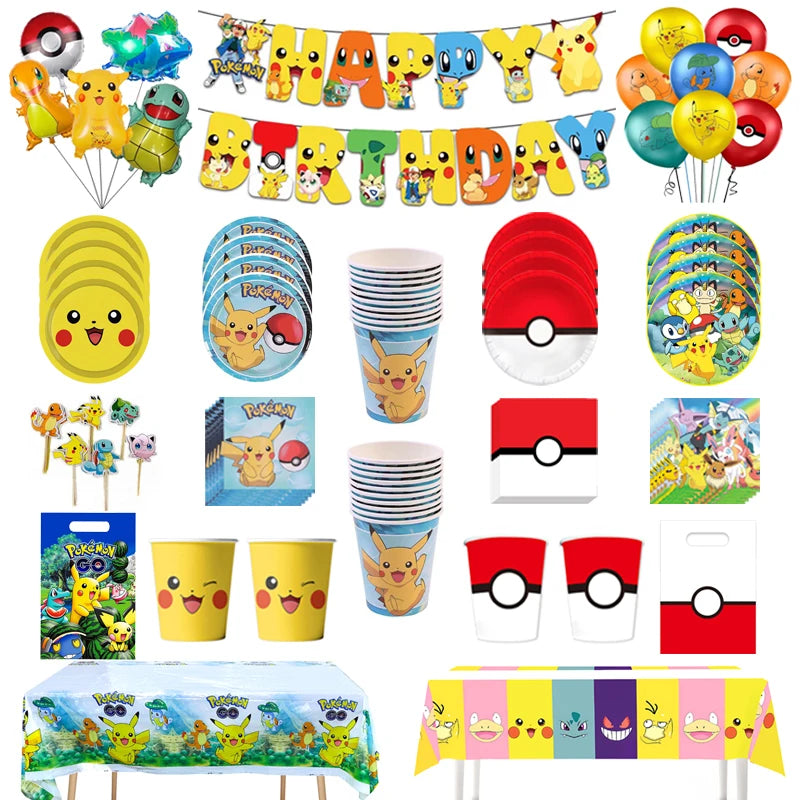 Pokemon Birthday Party Decoration Pikachu Disposable Tableware Cup Napkin Plate Tablecloth Baby Shower Cake Topper Flag Balloons