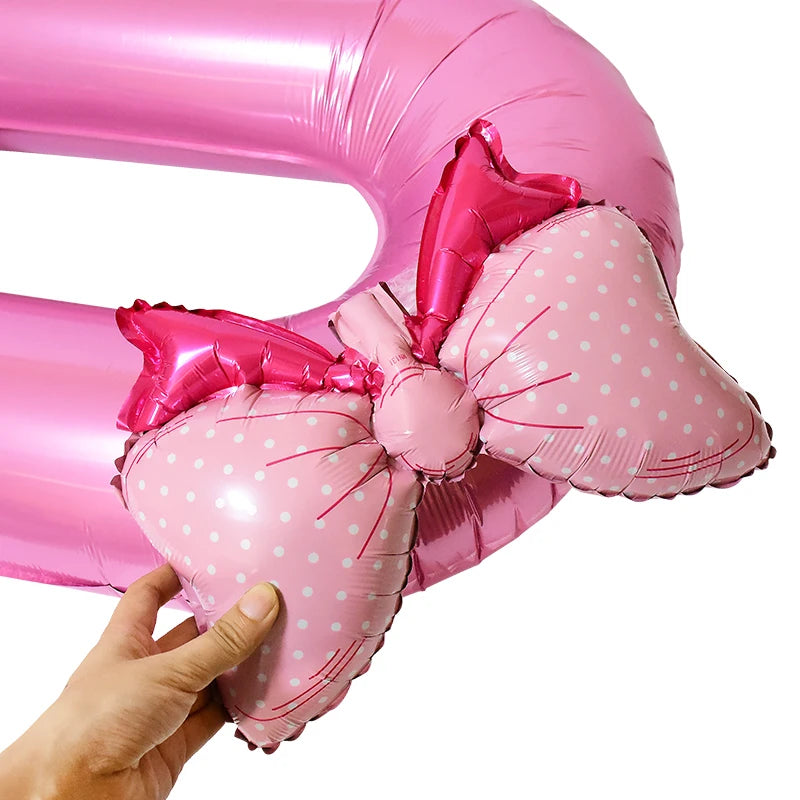 1Pc Large 40inch Number Pink Foil Balloon With Bow 1 2 3 4 5 6 7 8 9 For Kid Boys Girls Birthday Party Baby Shower Decorations