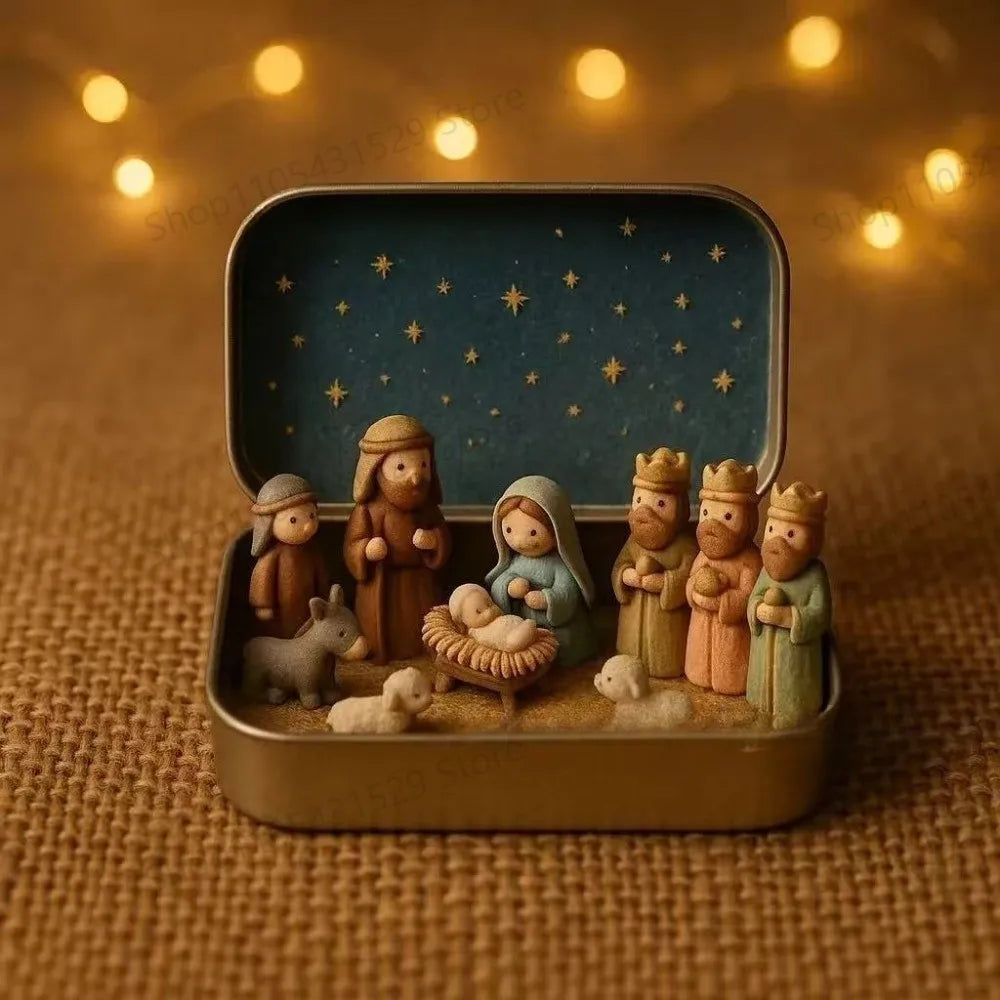Christmas Nativity Scene Figurines in Metal Tin Box Mini Jesus Birth Set Religious Xmas Gift for Home Table Decor