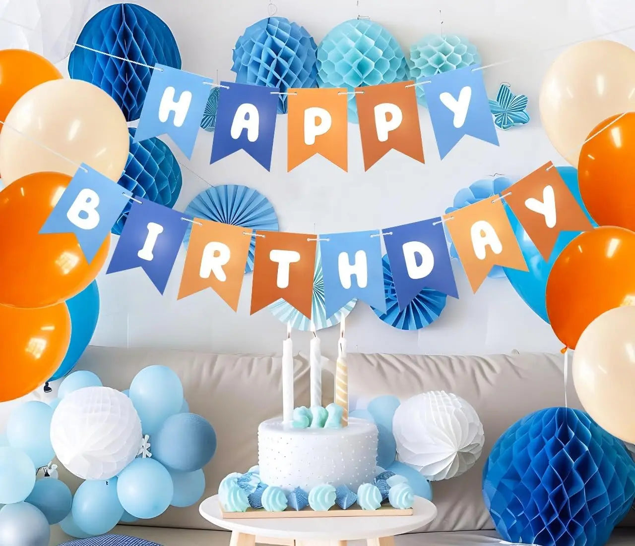 Blue and Orange Happy Birthday Banner Children's Celebration Bunting Banner Blue Orange Birthday Party Decoration Cartoon Theme