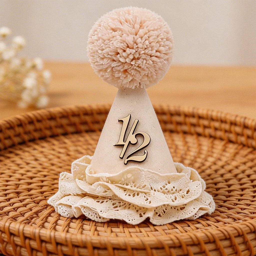 1 Birthday Hat – Neutral One Half Party Crown for Boys & Girls with Handcrafted Pom & Lace Ruffle Party Supplies