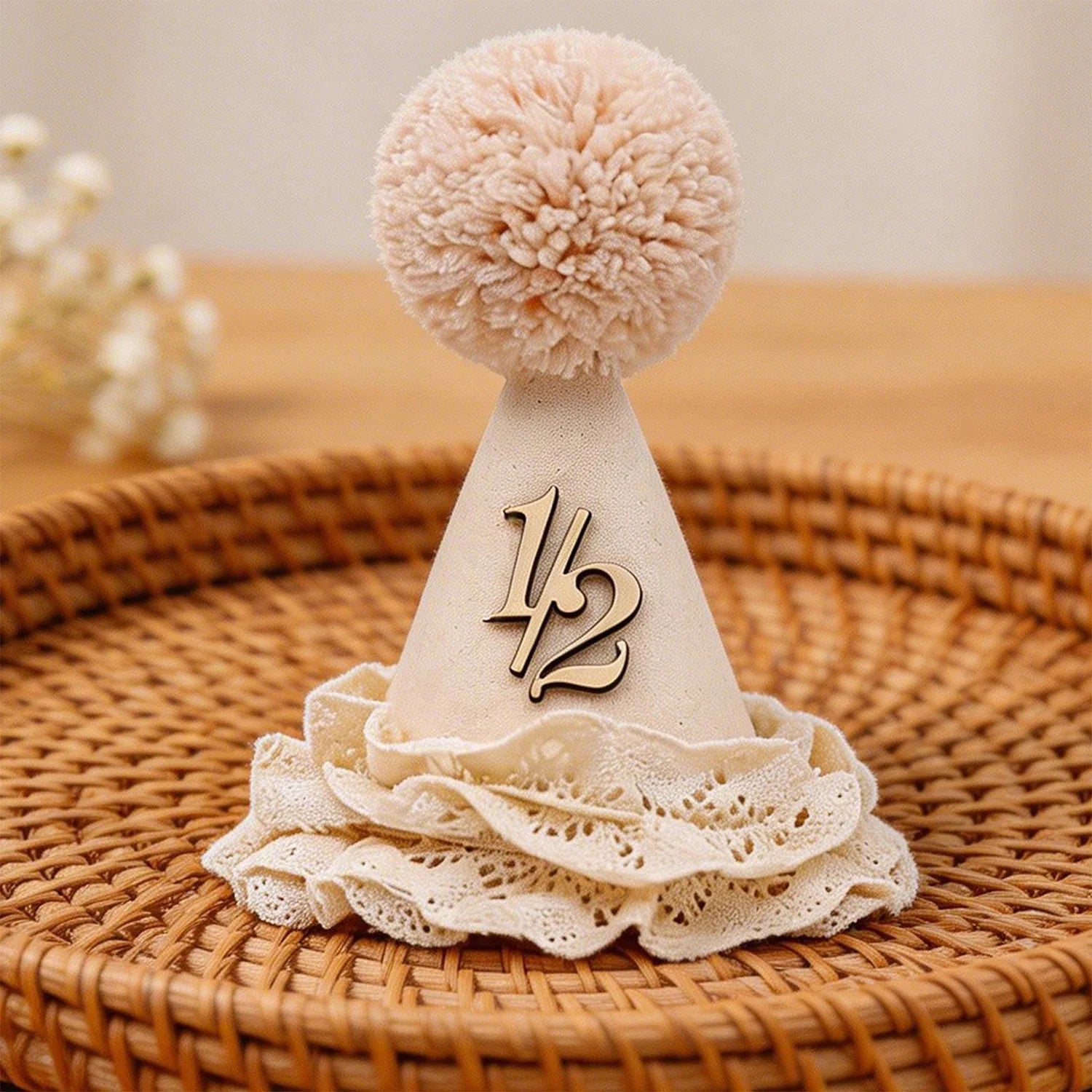 1 Birthday Hat – Neutral One Half Party Crown for Boys & Girls with Handcrafted Pom & Lace Ruffle Party Supplies